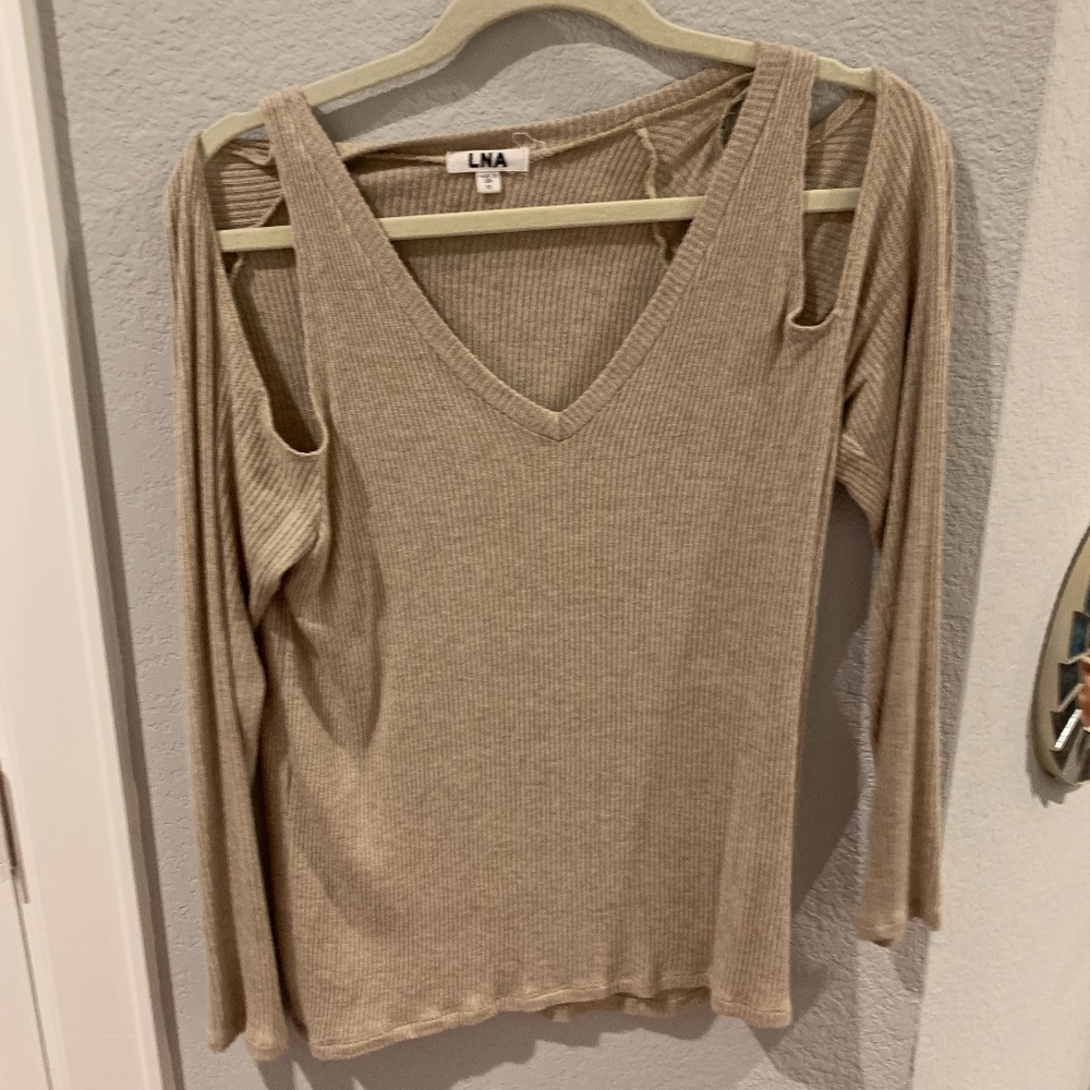 Cold-Shoulder V-Neck Ribbed Sweater - Cream - Picture 2 of 4